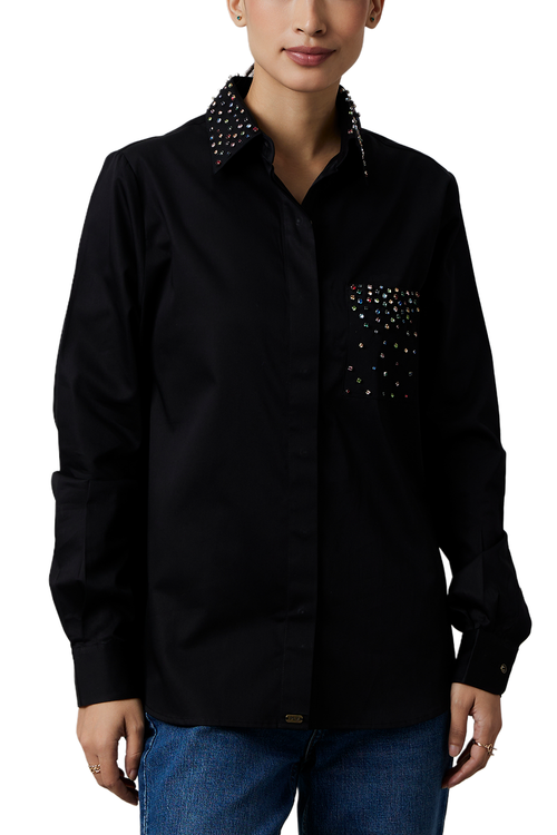 Black Multicolor Swarovski Studs Full Sleeve Shirt