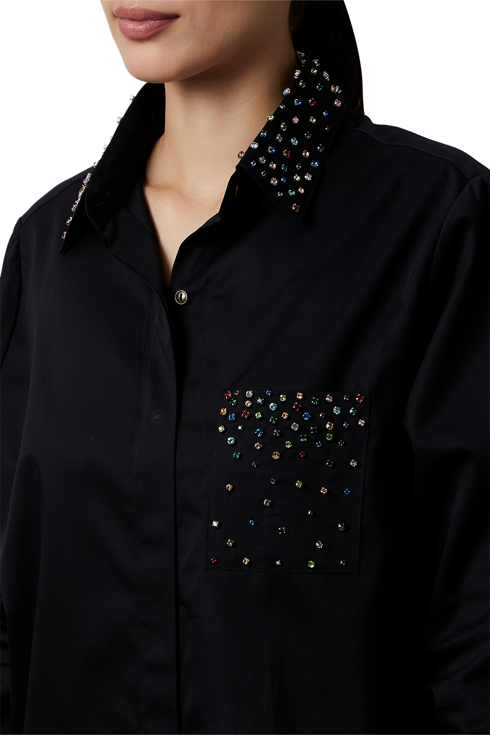 Black Multicolor Swarovski Studs Full Sleeve Shirt