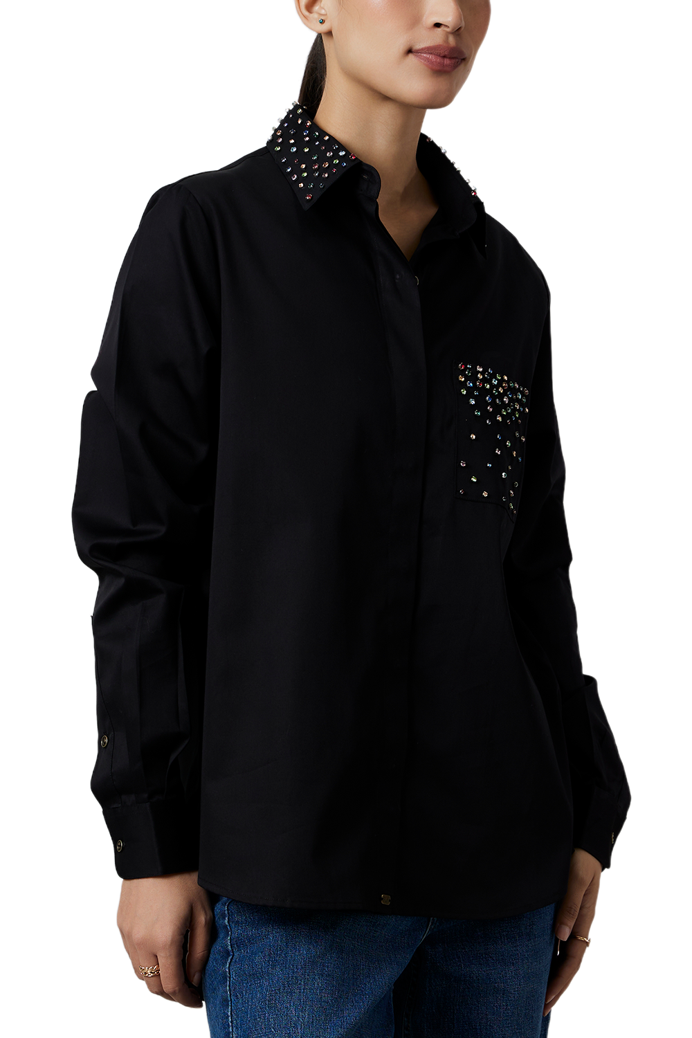 Black Multicolor Swarovski Studs Full Sleeve Shirt