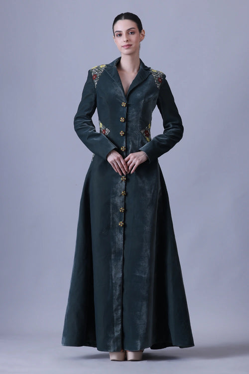 Deep Green Dress Crafted With Delicate Embroidered Accents