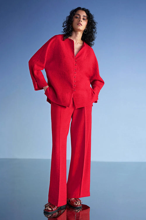 Linen-Textured Wide-Legged Red Pant