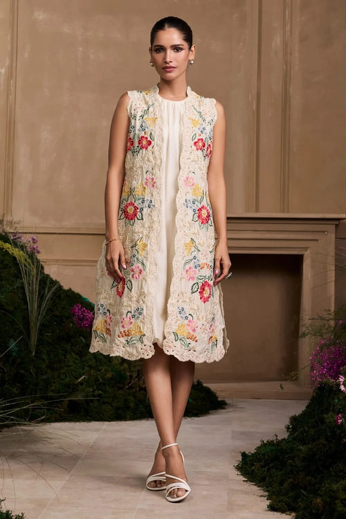 Ivory Floral Panel Embroidered Long Jacket