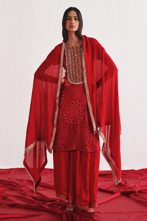 Red Marodiwork Bandhani Silk Kurta & Palazzos with Dupatta