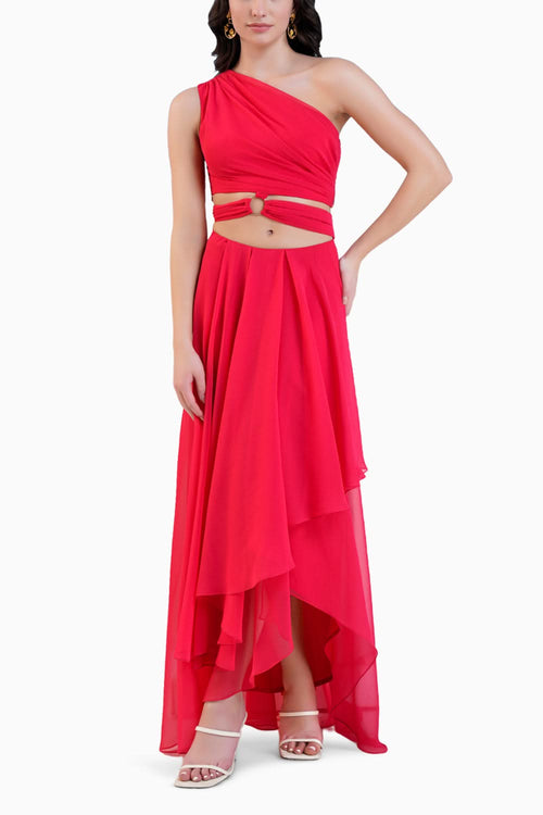 Red One Shoulder High Low Dress With Waist Cutout