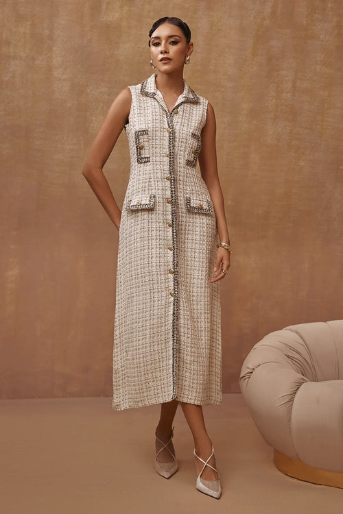 Creme Metallic Tweed Midi Dress