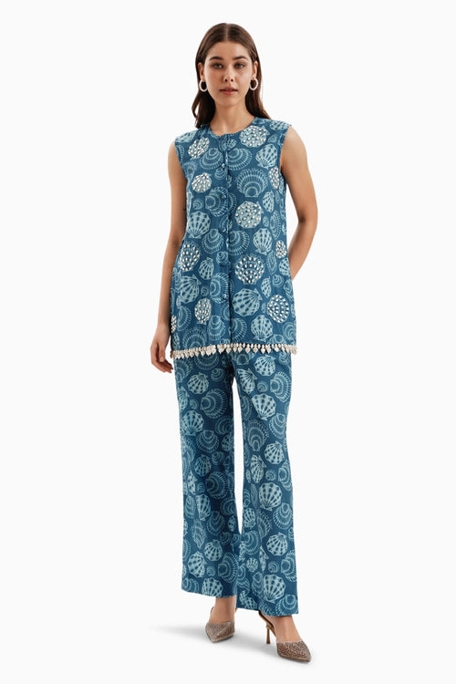 Blue Cotton Shells Print Jacket and Pants Set