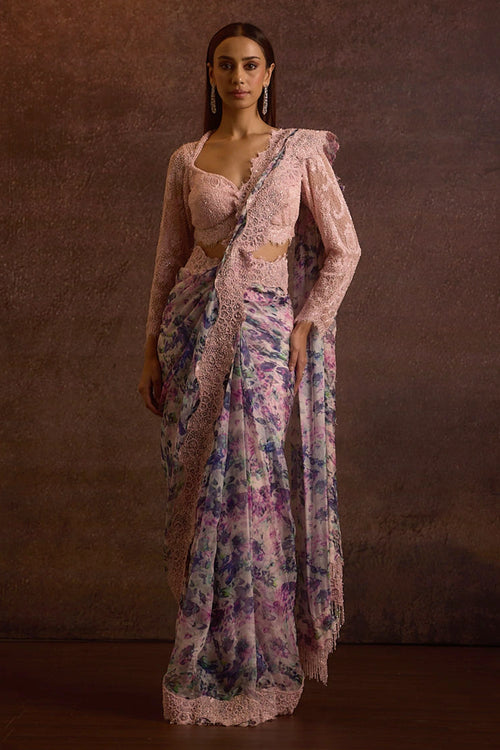 Laghvi Pink Embellished Full Sleeves Blouse With Printed Silk Organza Pre Stitched Saree