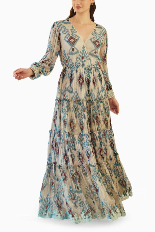 Overlap Neck Ikat Printed Long Dress
