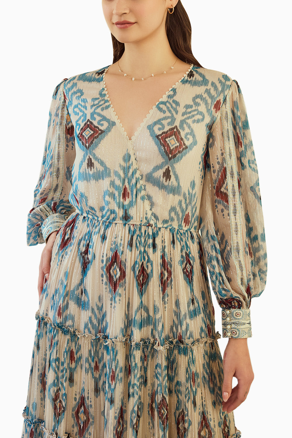 Overlap Neck Ikat Printed Long Dress