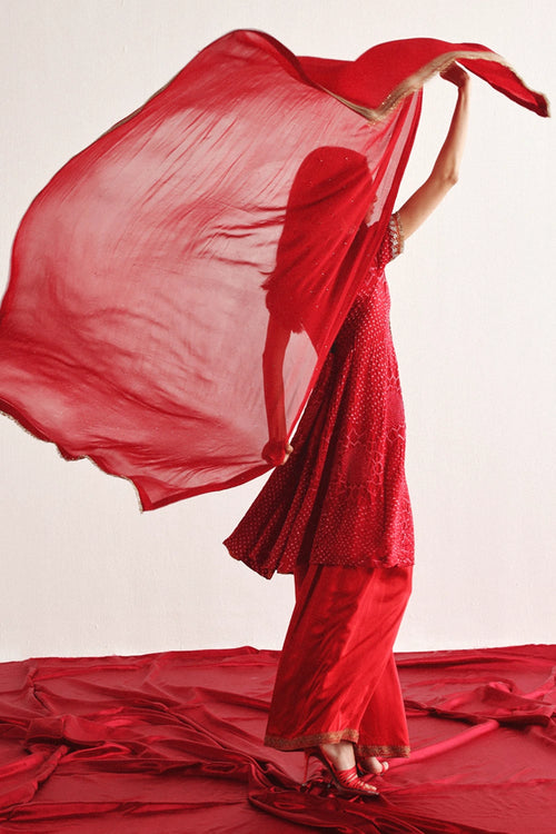 Red Marodiwork Bandhani Silk Kurta & Palazzos with Dupatta