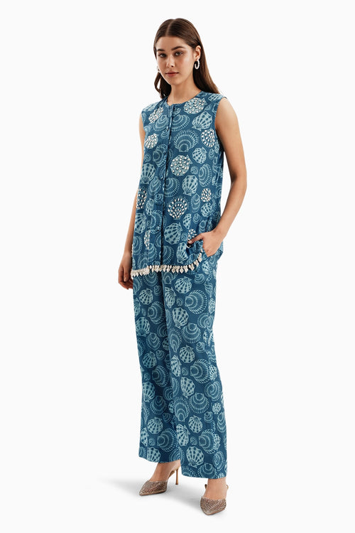 Blue Cotton Shells Print Jacket and Pants Set