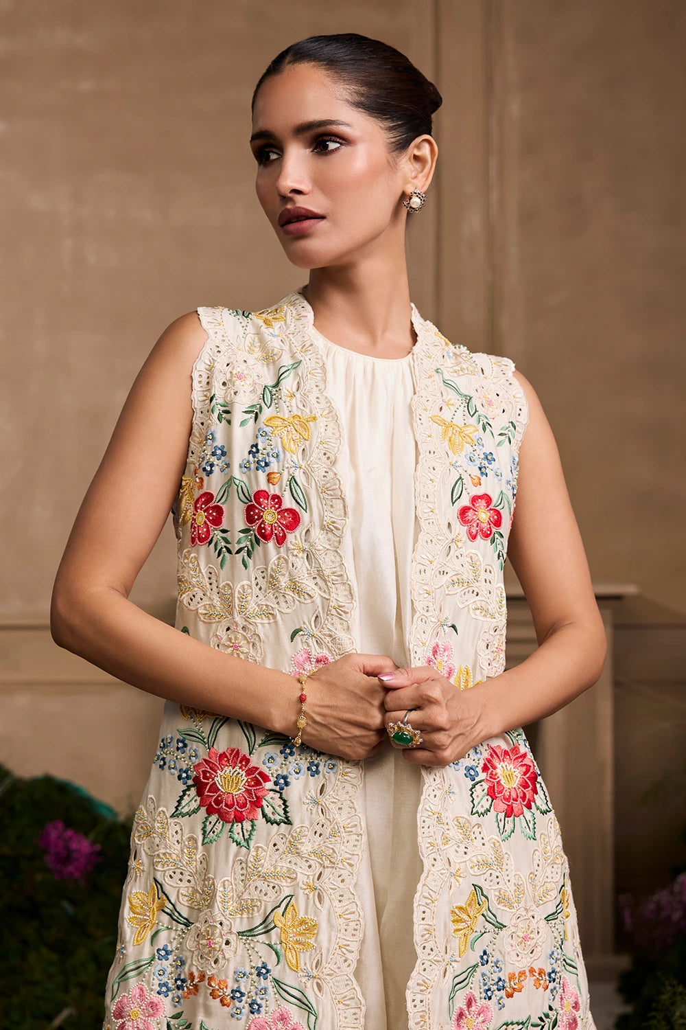 Ivory Floral Panel Embroidered Long Jacket