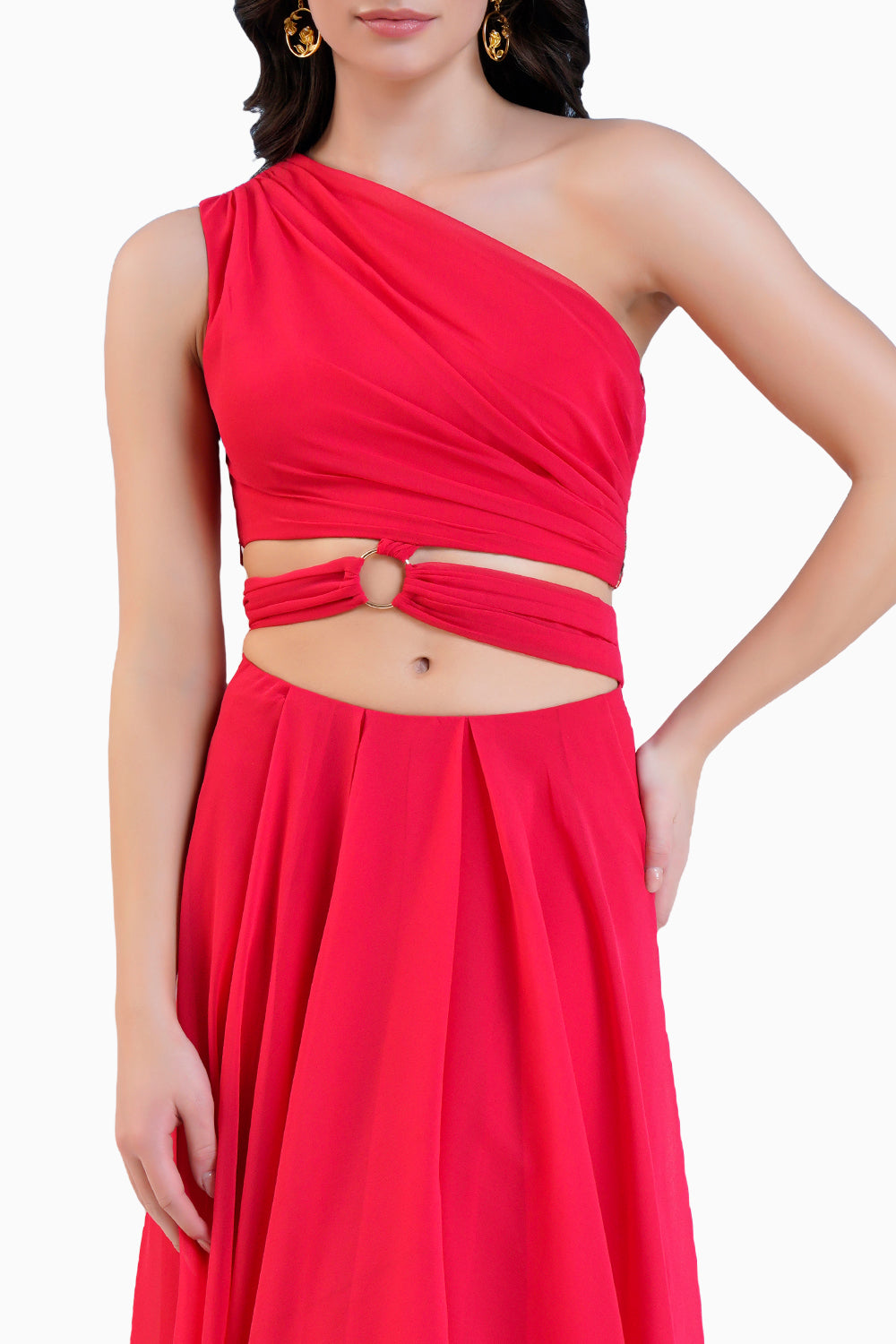 Red One Shoulder High Low Dress With Waist Cutout