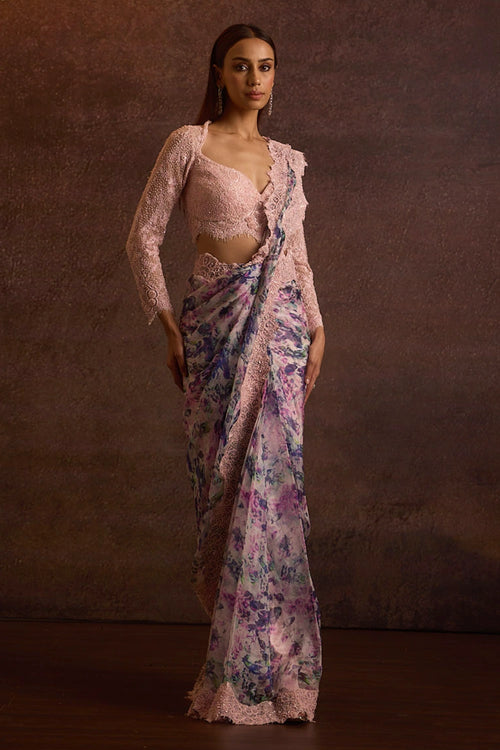 Laghvi Pink Embellished Full Sleeves Blouse With Printed Silk Organza Pre Stitched Saree