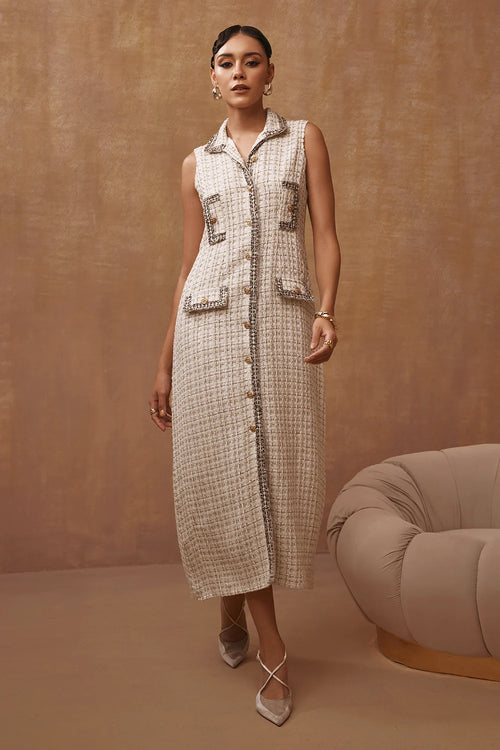 Creme Metallic Tweed Midi Dress
