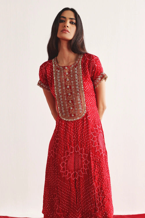 Red Marodiwork Bandhani Silk Kurta & Palazzos with Dupatta