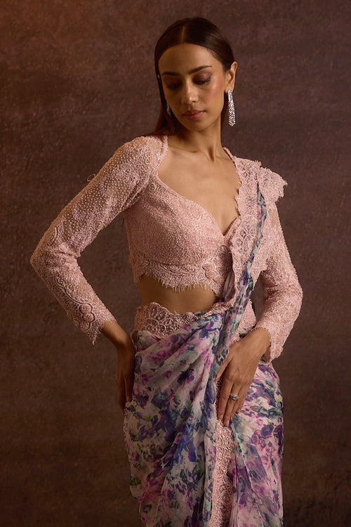 Laghvi Pink Embellished Full Sleeves Blouse With Printed Silk Organza Pre Stitched Saree