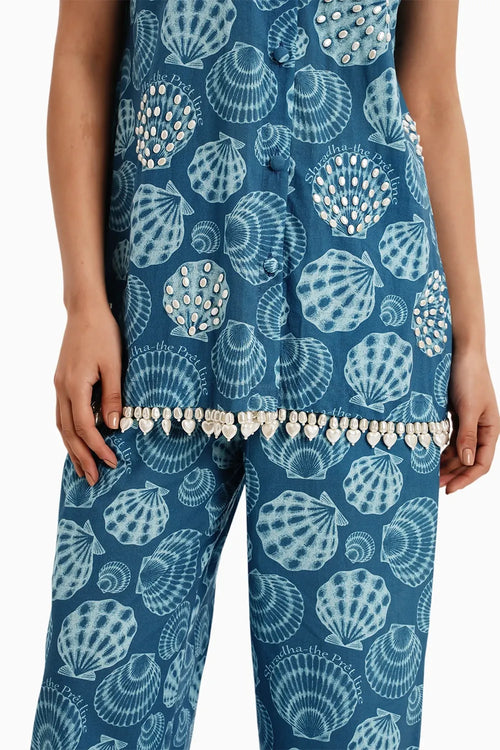 Blue Cotton Shells Print Jacket and Pants Set