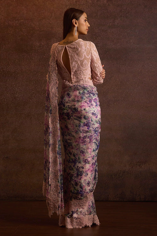 Laghvi Pink Embellished Full Sleeves Blouse With Printed Silk Organza Pre Stitched Saree