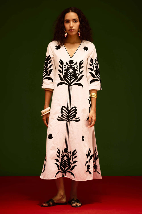 Ivory Cotton Maxi Dress with Tulip Thread Embroidery