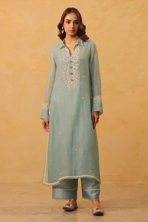 Vaayu Light Blue Collar Kurta Set