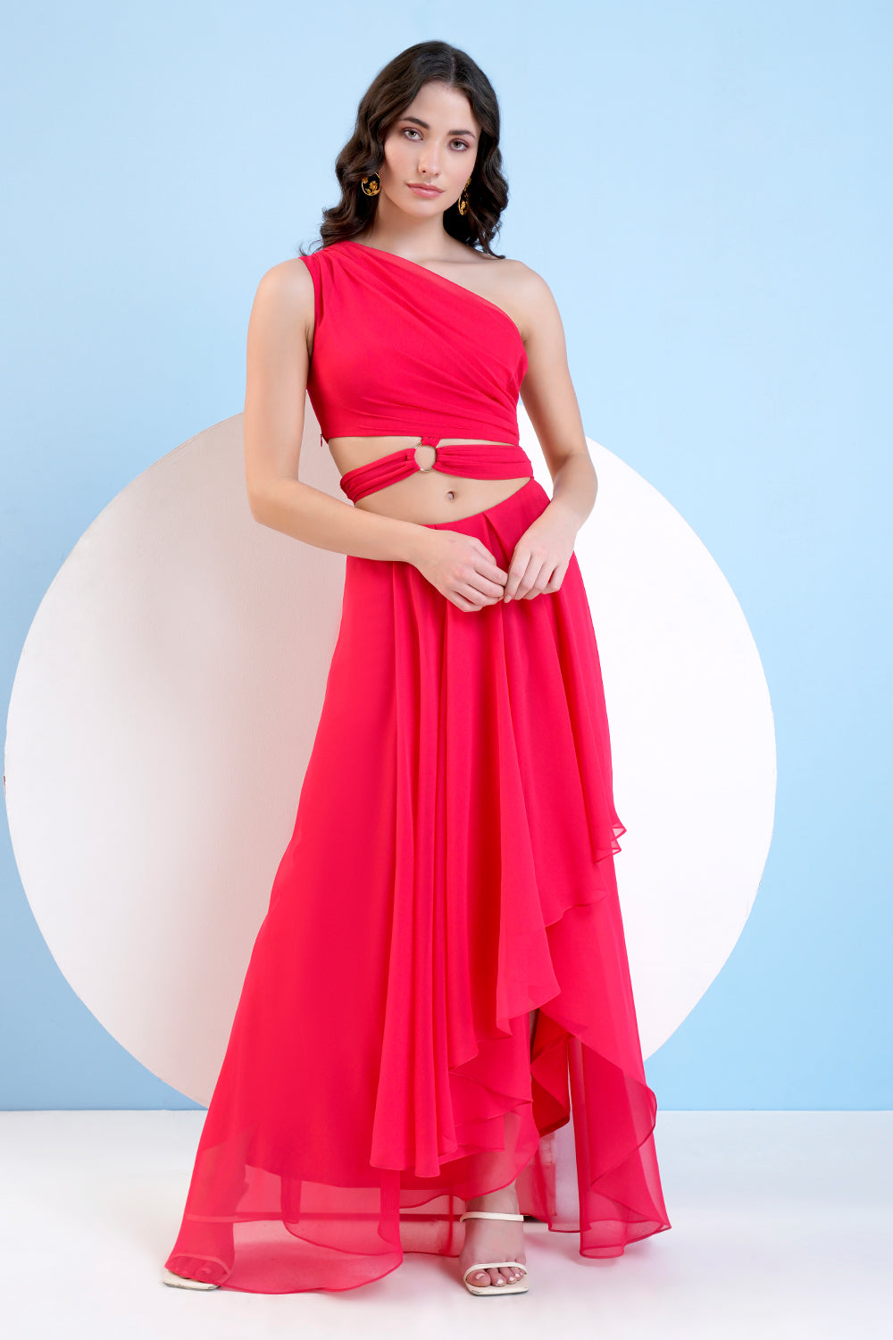 Red One Shoulder High Low Dress With Waist Cutout