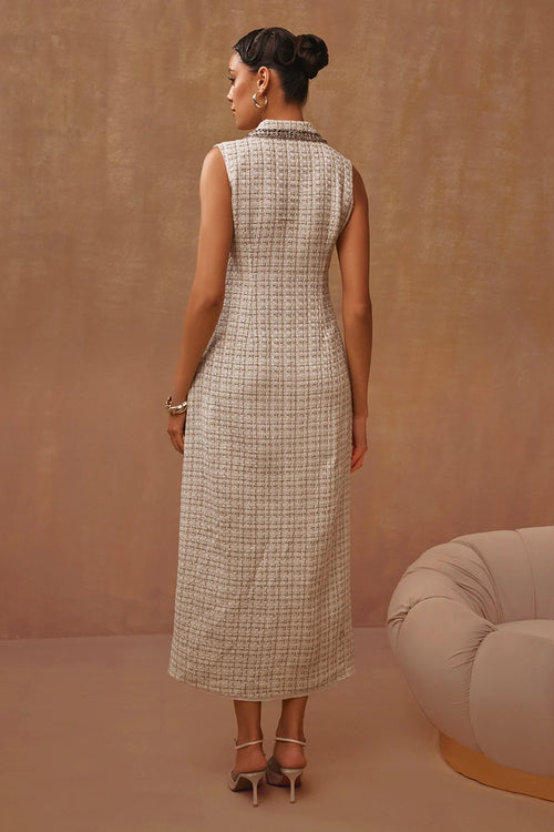 Creme Metallic Tweed Midi Dress