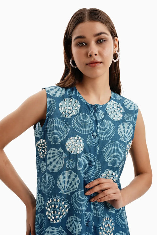 Blue Cotton Shells Print Jacket and Pants Set
