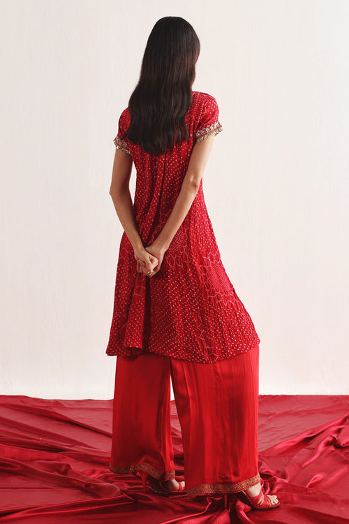 Red Marodiwork Bandhani Silk Kurta & Palazzos with Dupatta