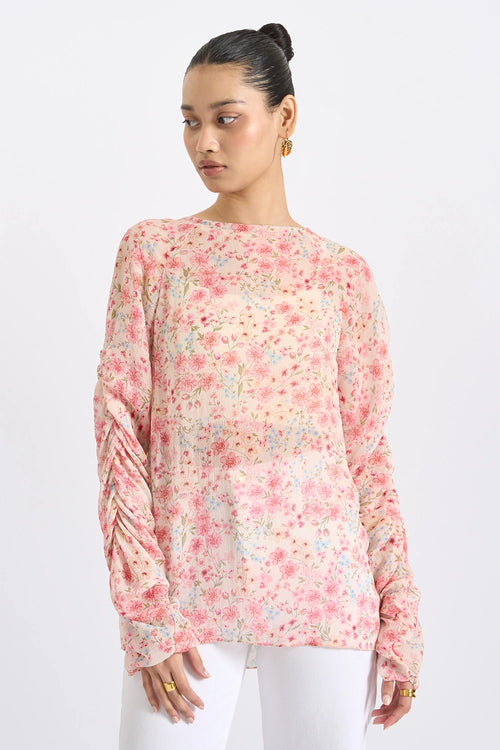 Blush Ruched-Sleeve Organza Top