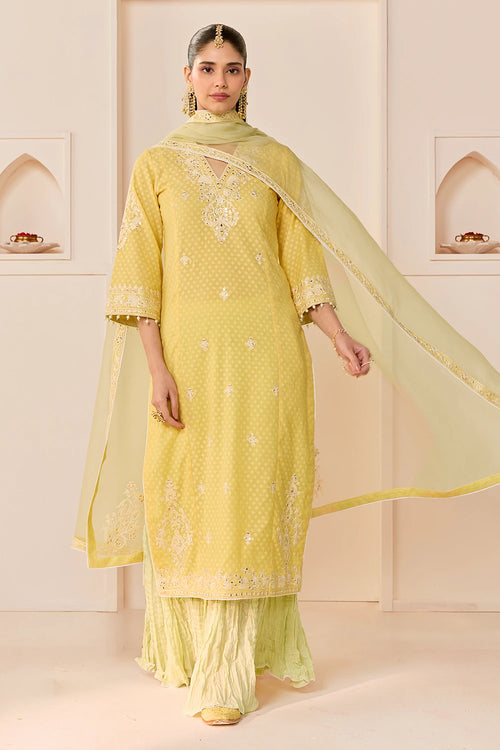 Ruhani Lemon Yellow Long Kurta with Skirt and Dupatta
