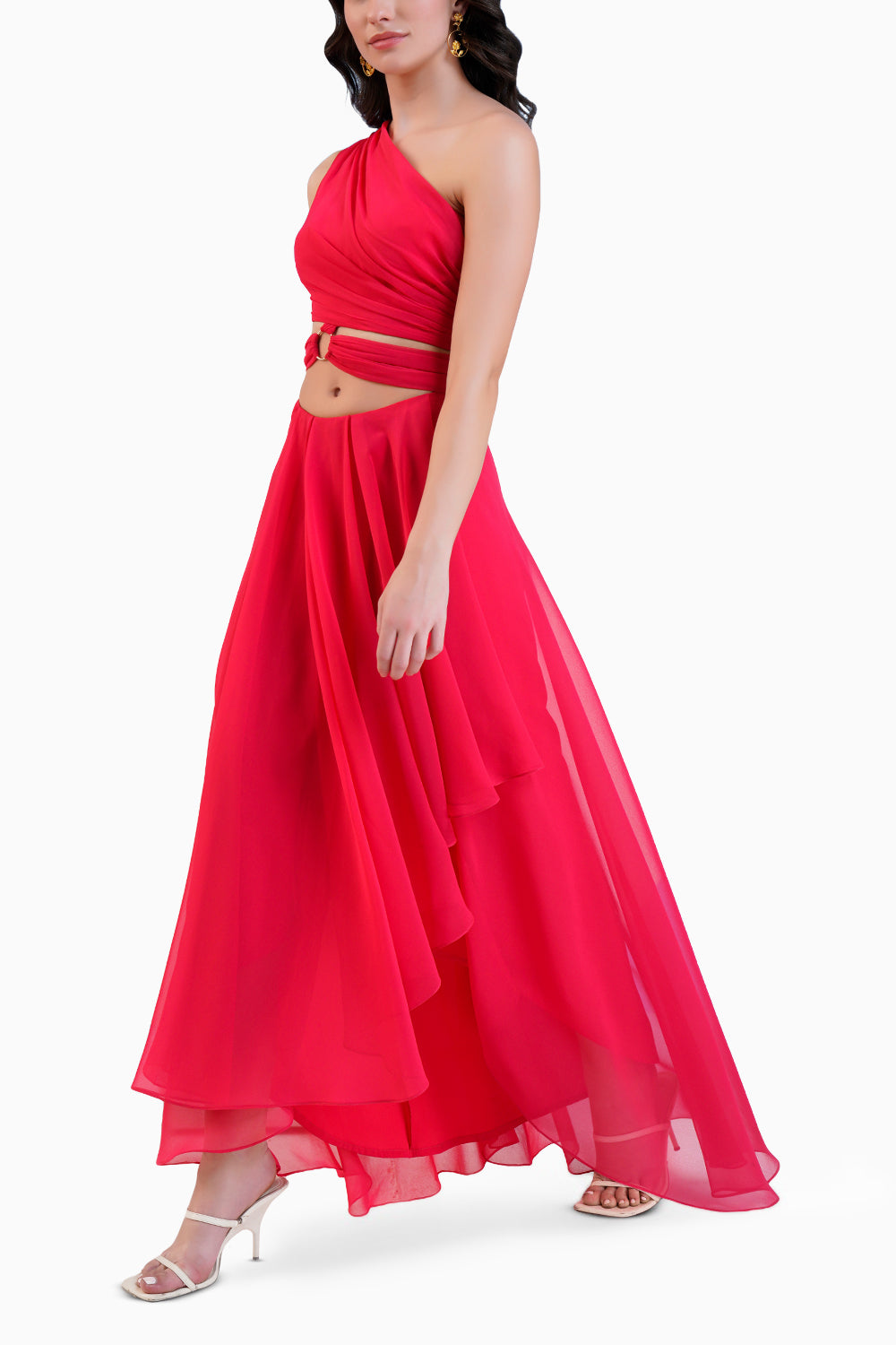 Red One Shoulder High Low Dress With Waist Cutout