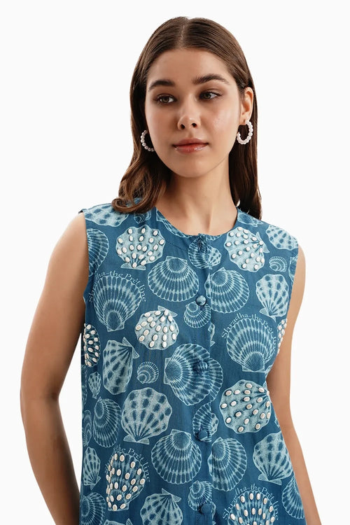 Blue Cotton Shells Print Jacket and Pants Set