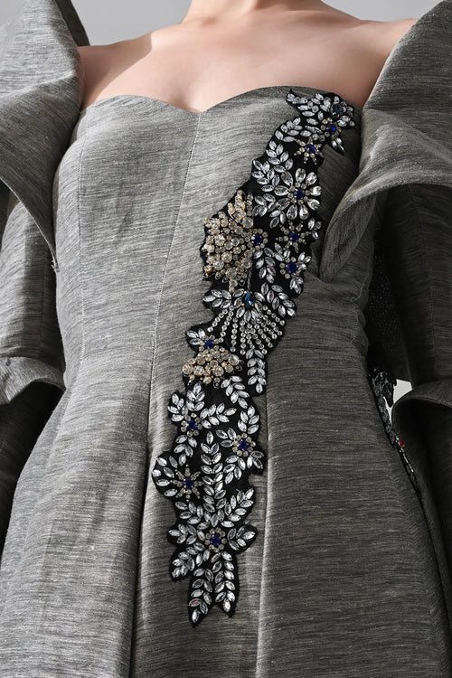 Grey Gown With Embellished Panels