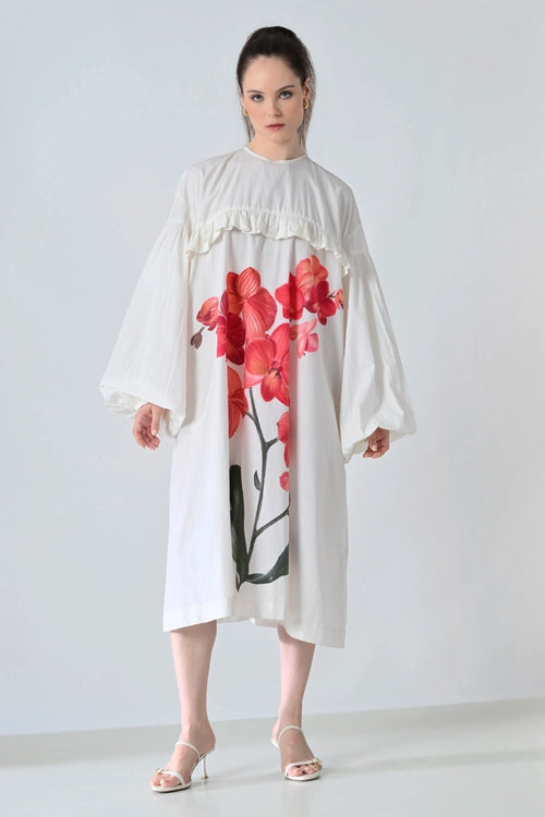 Ivory Orchid Printed Statement Shirt Dress