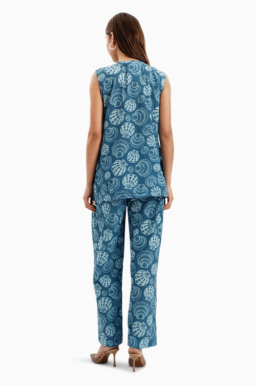 Blue Cotton Shells Print Jacket and Pants Set