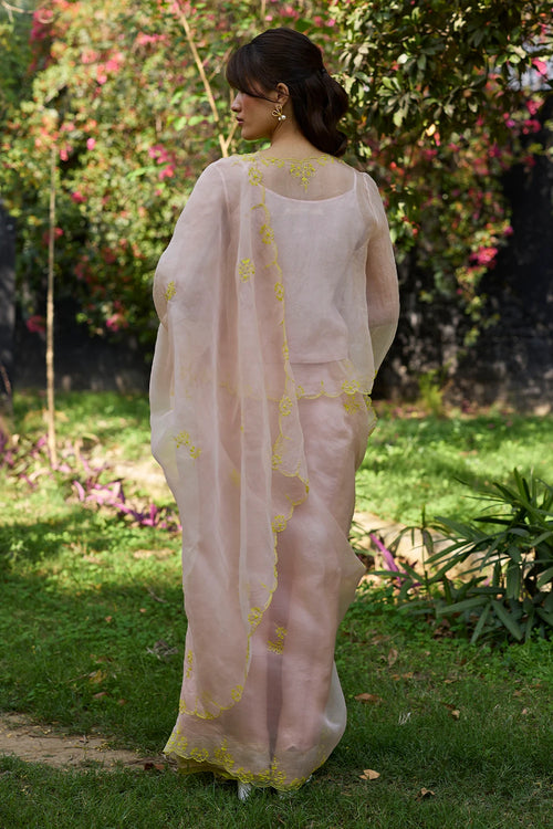 First Light Pink Embroidered Saree With Blouse