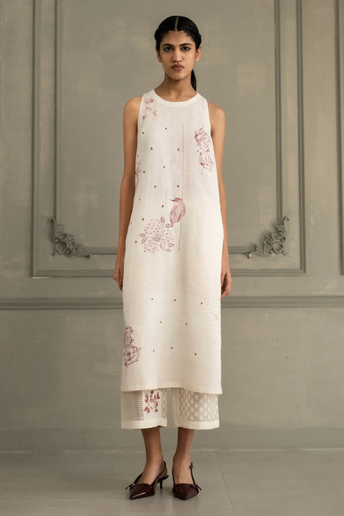 Ivory Block Print Linen Tunic And Flared Pants Set