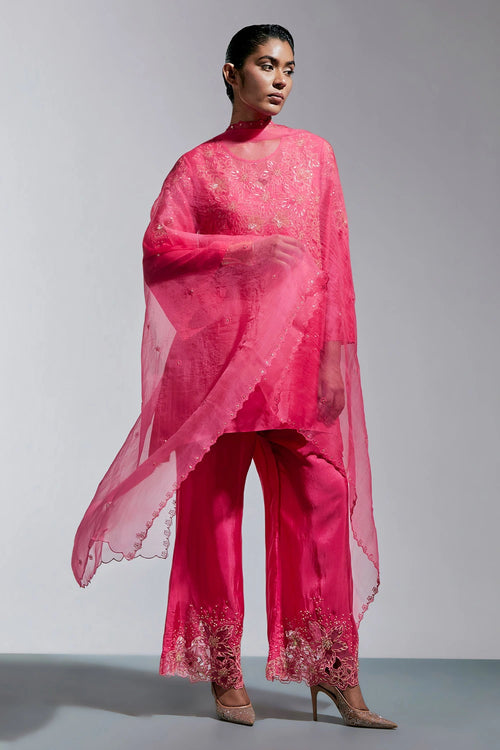 Raspberry Floral Lace Organza Dupatta