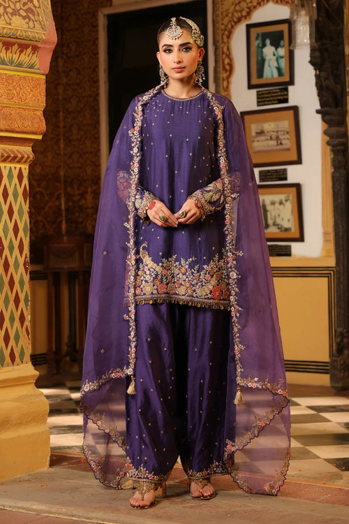 Ahista Purple Mayur Applique Short Kurta With Heavy Dupatta