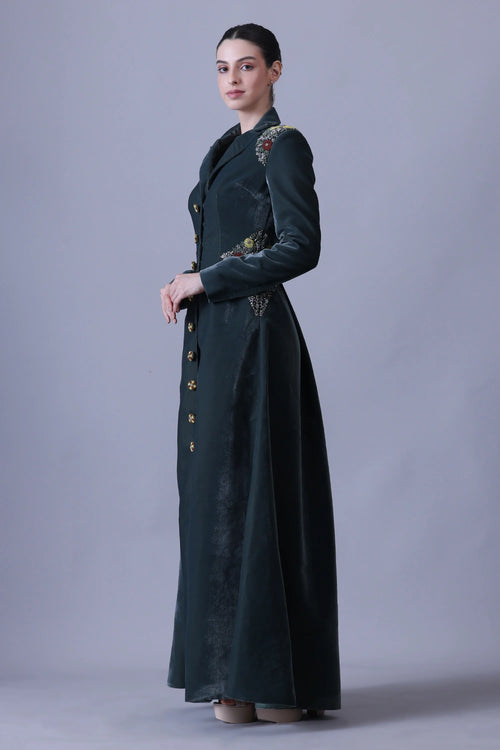 Deep Green Dress Crafted With Delicate Embroidered Accents