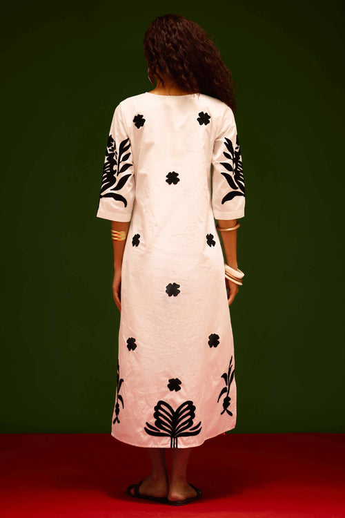 Ivory Cotton Maxi Dress with Tulip Thread Embroidery