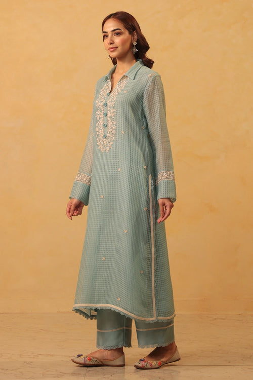 Vaayu Light Blue Collar Kurta Set