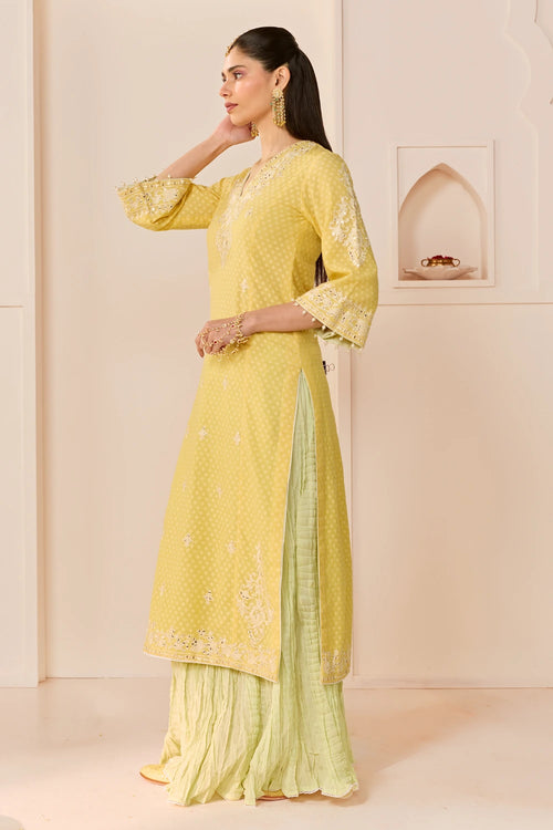 Ruhani Lemon Yellow Long Kurta with Skirt and Dupatta