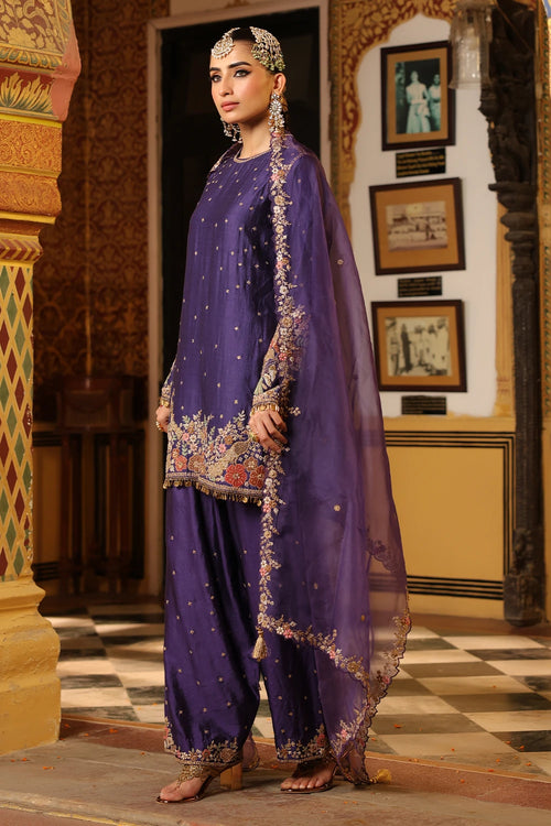 Ahista Purple Mayur Applique Short Kurta With Heavy Dupatta