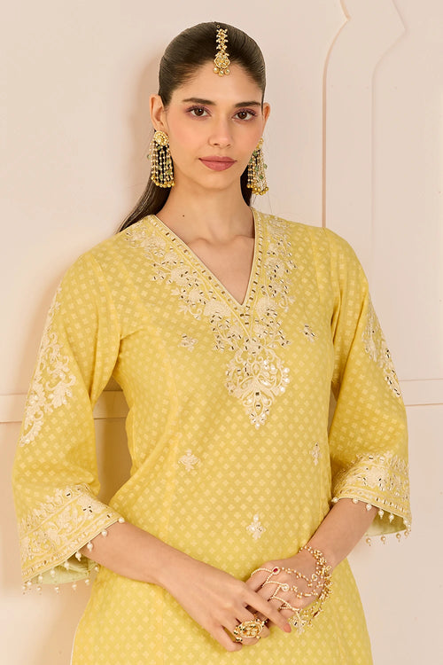 Ruhani Lemon Yellow Long Kurta with Skirt and Dupatta