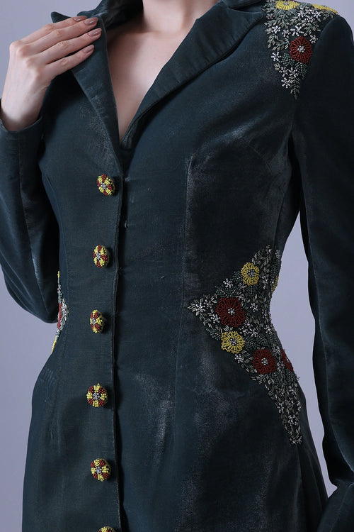 Deep Green Dress Crafted With Delicate Embroidered Accents