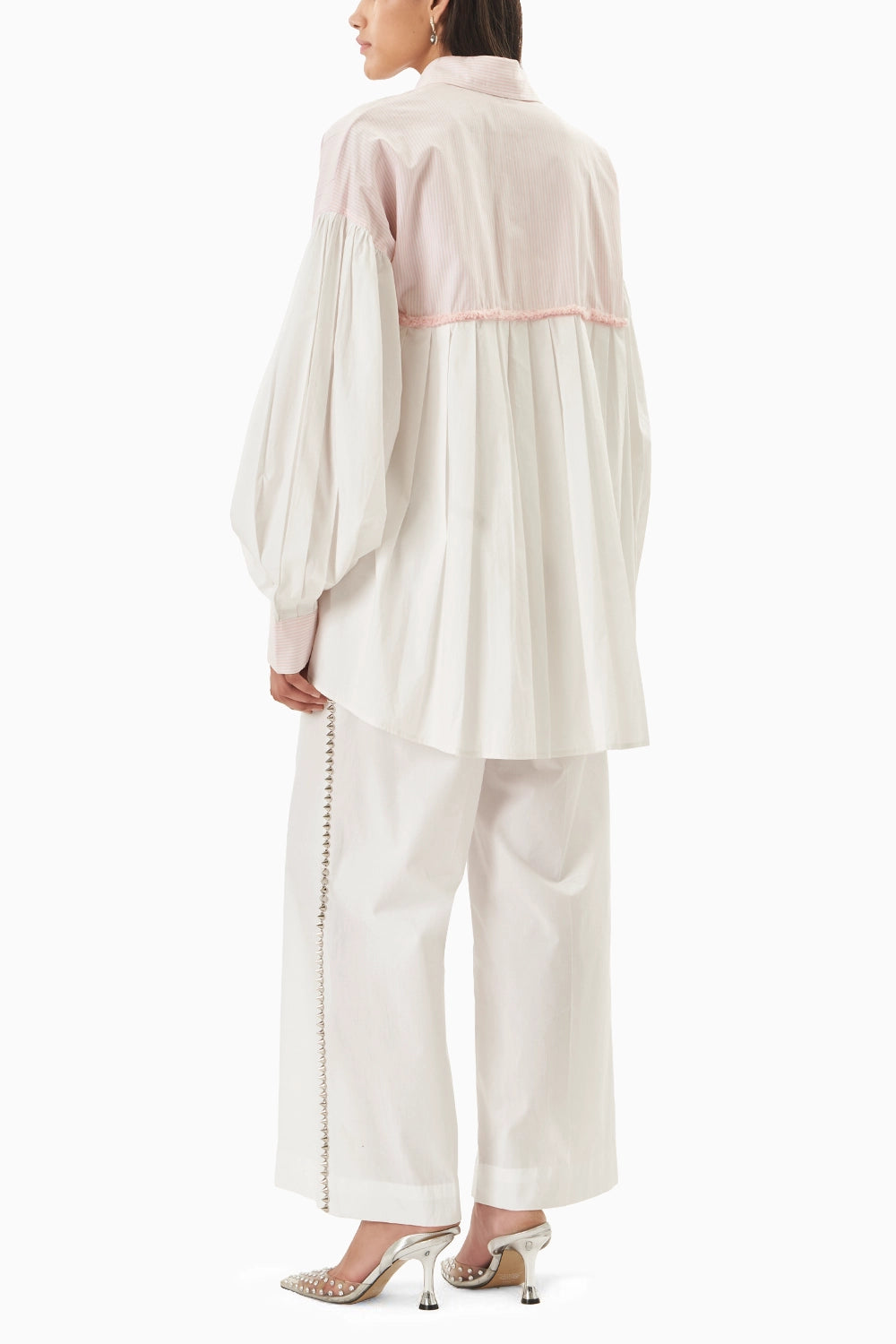 Pink Cotton Panel Tassel  Shirt With Embellished Stud Lines Pant