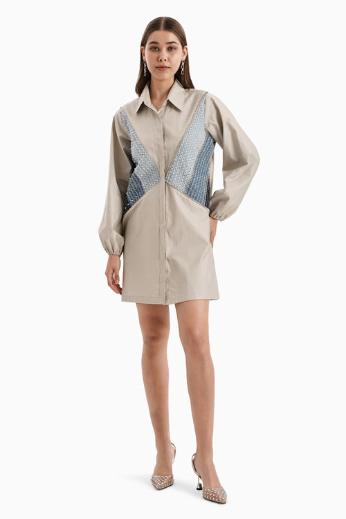 Taupe Cotton 3 Panel Denim Shirt Dress
