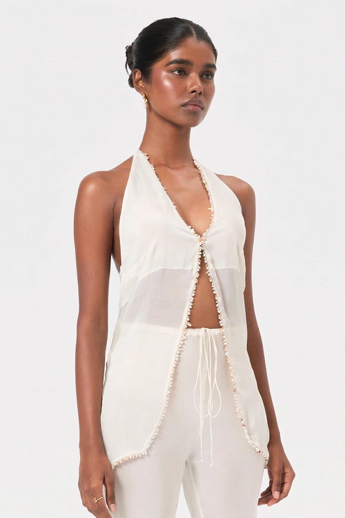 Pearl Shell Trim Halter Top